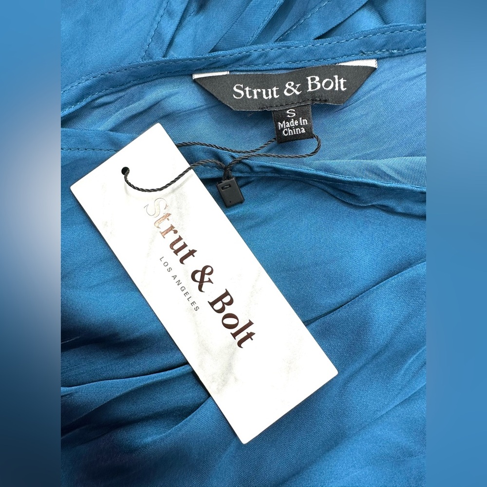 Strut & Bolt Women’s S Midnight Blue Satin Midi V-Neck Dress NWT Flare Sleeves - Picture 10 of 13